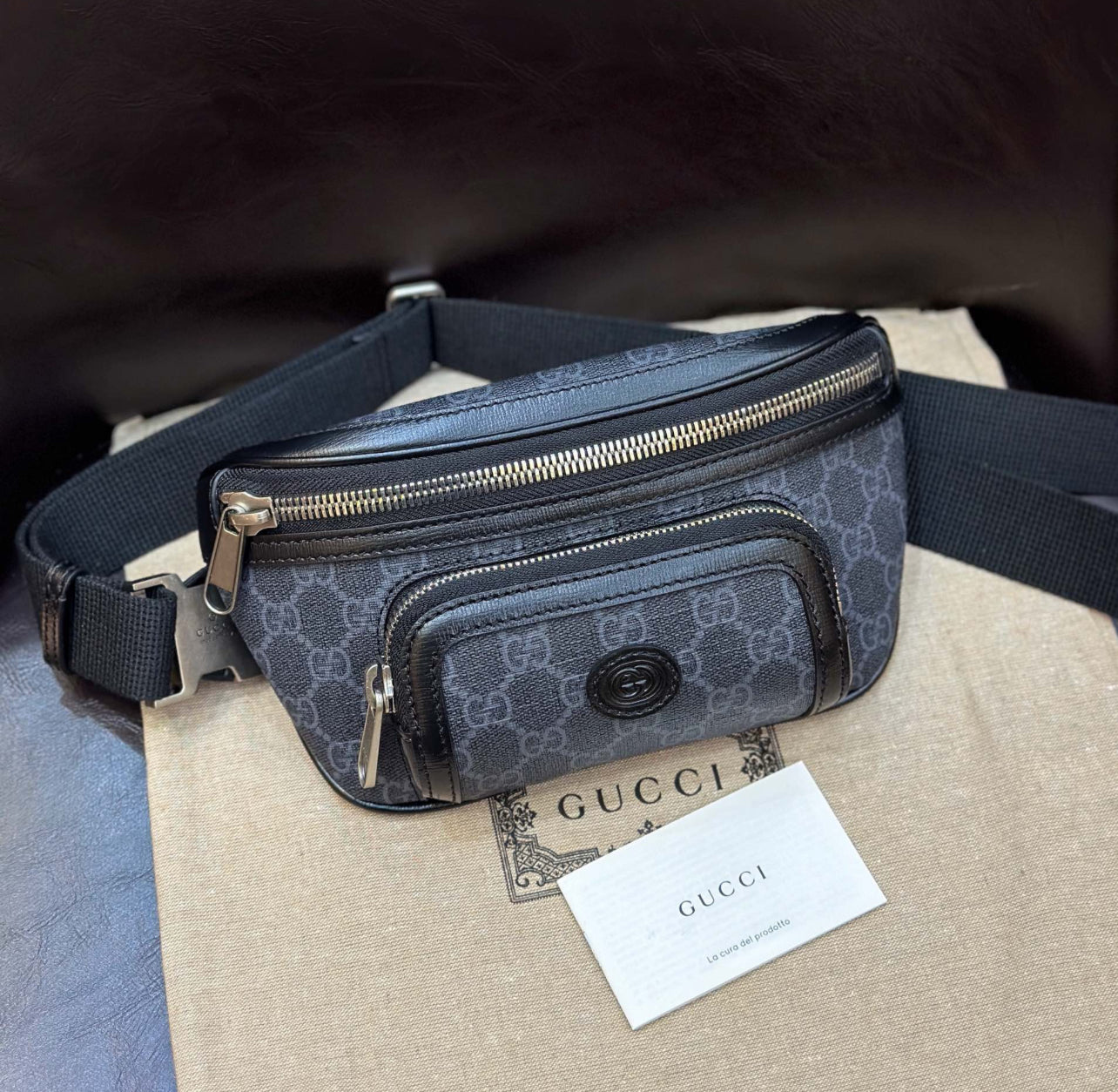 Gucci GG Supreme Belt Bag – Black Leather Monogram (With Receipt & Dust Bag)