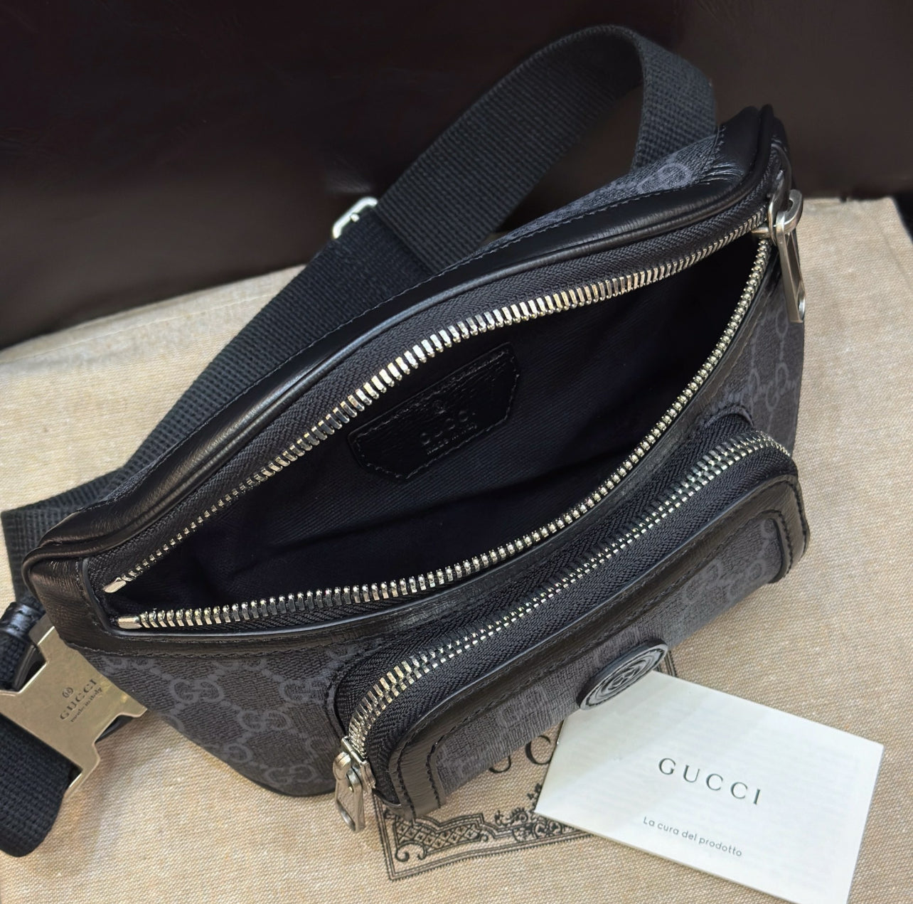 Gucci GG Supreme Belt Bag – Black Leather Monogram (With Receipt & Dust Bag)