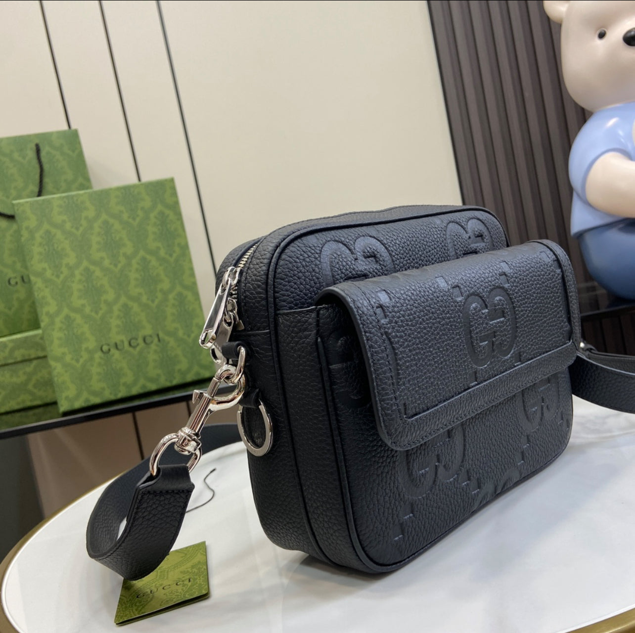 Gucci GG Jumbo Small Crossbody Bag – Black Grained Leather