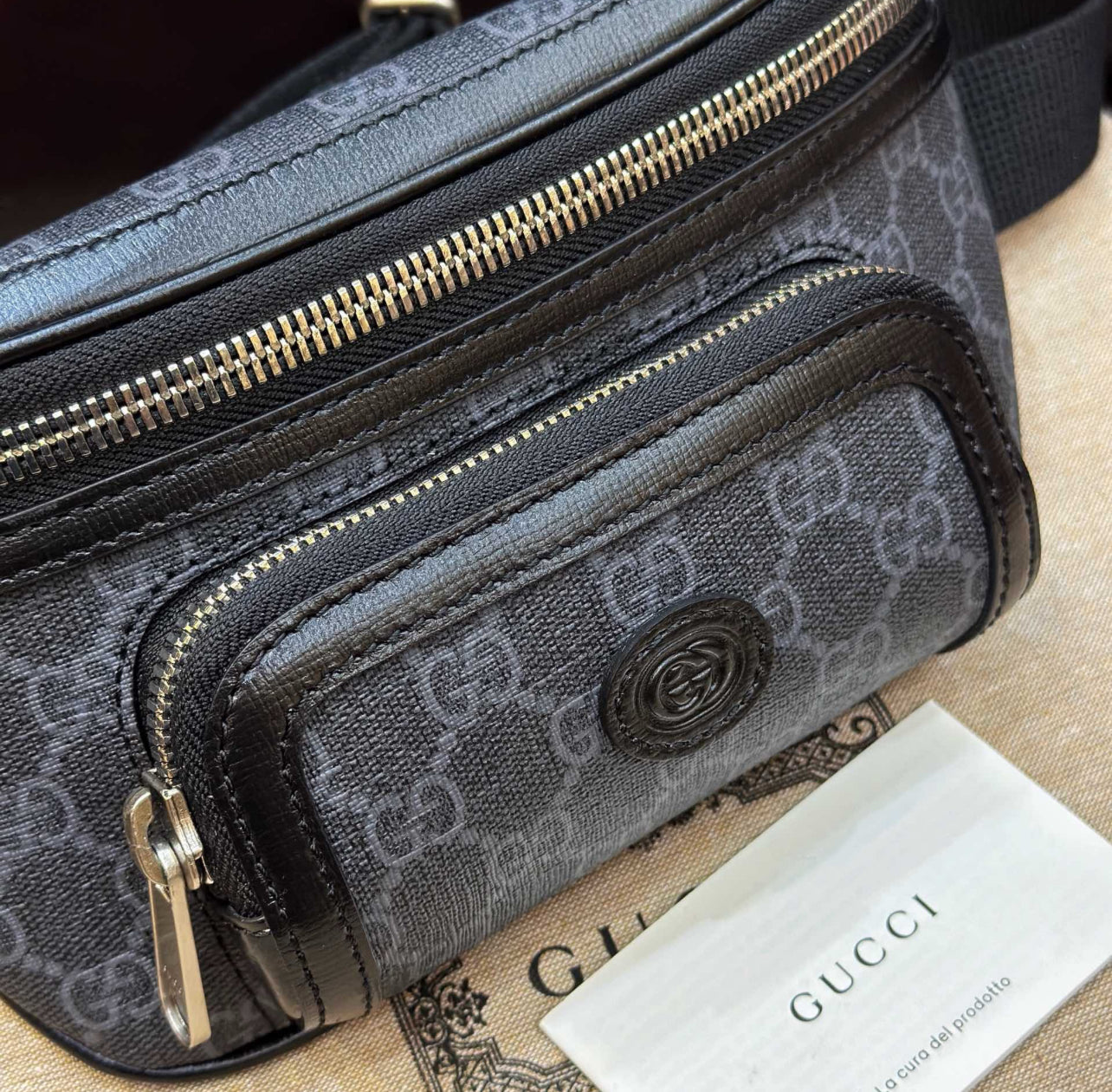 Gucci GG Supreme Belt Bag – Black Leather Monogram (With Receipt & Dust Bag)