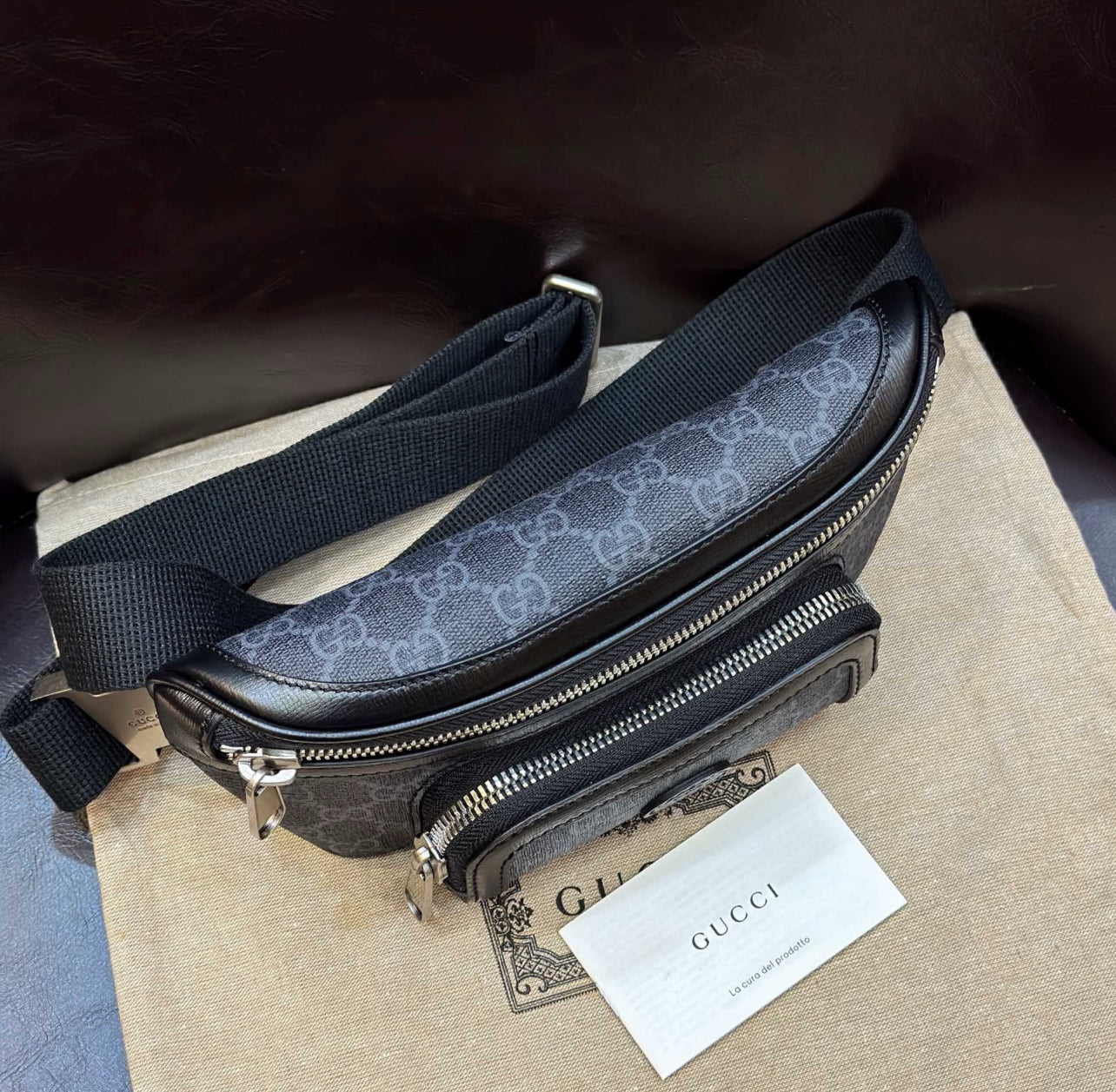 Gucci GG Supreme Belt Bag – Black Leather Monogram (With Receipt & Dust Bag)
